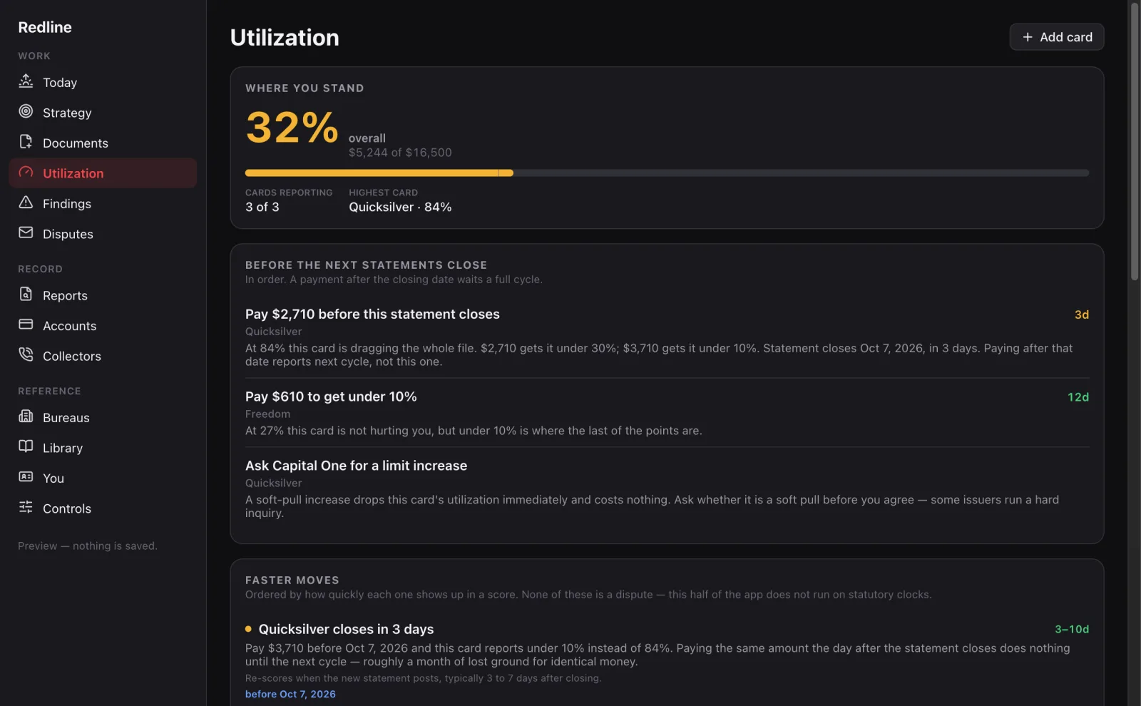 Utilization screen with what to pay on which card