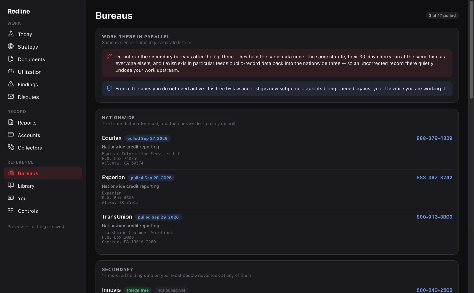 Bureaus screen with addresses and the secondary bureaus